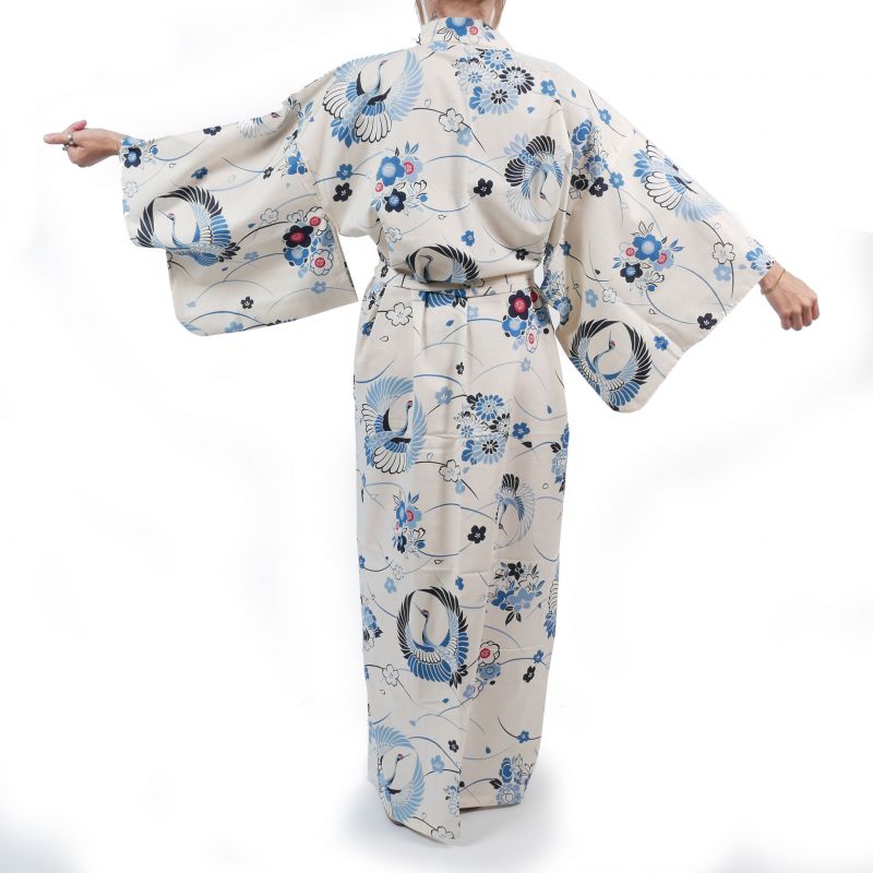 Kimono blanc en coton pour femme - MARU NI TSURU