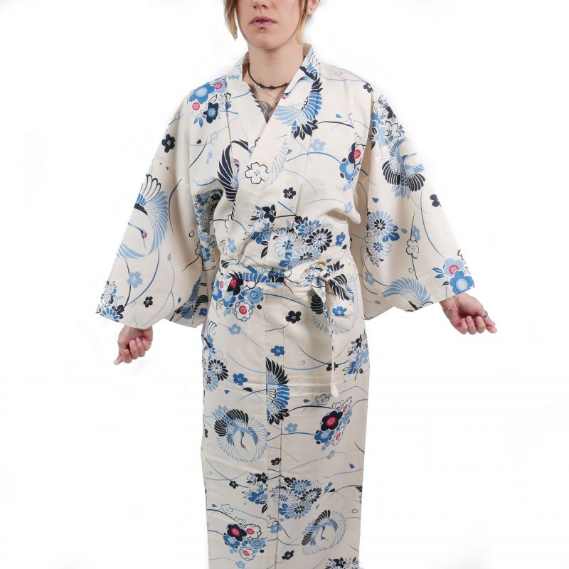 Kimono blanc en coton pour femme - MARU NI TSURU