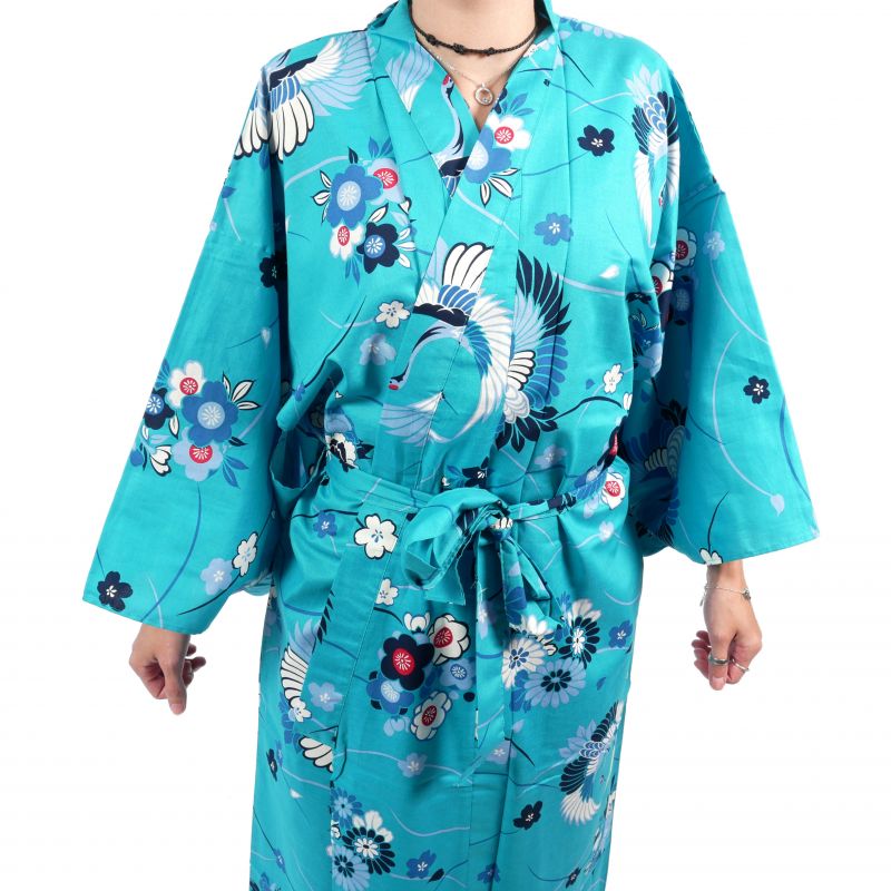 Kimono bleu en coton pour femme - MARU NI TSURU