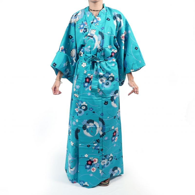 Kimono bleu en coton pour femme - MARU NI TSURU