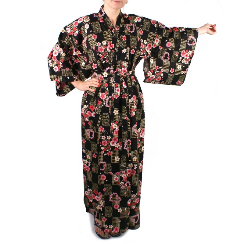Kimono giapponese in cotone nero, KOMONICHIMATSU-NI-SAKURA, nero