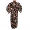 Kimono giapponese in cotone nero, KOMONICHIMATSU-NI-SAKURA, nero