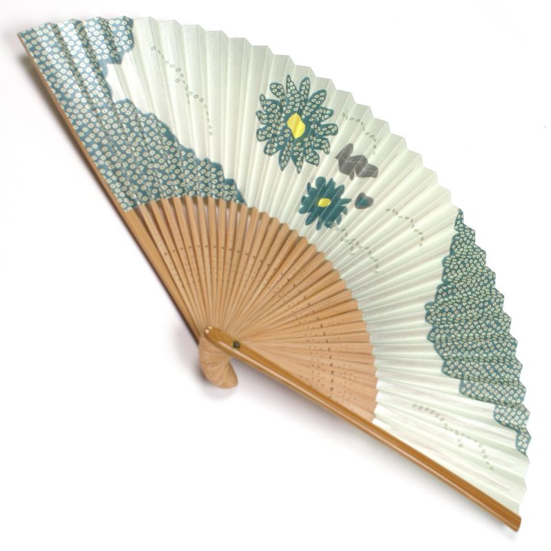japanischer Fächer aus Papier und Bambus, KIKU, blau