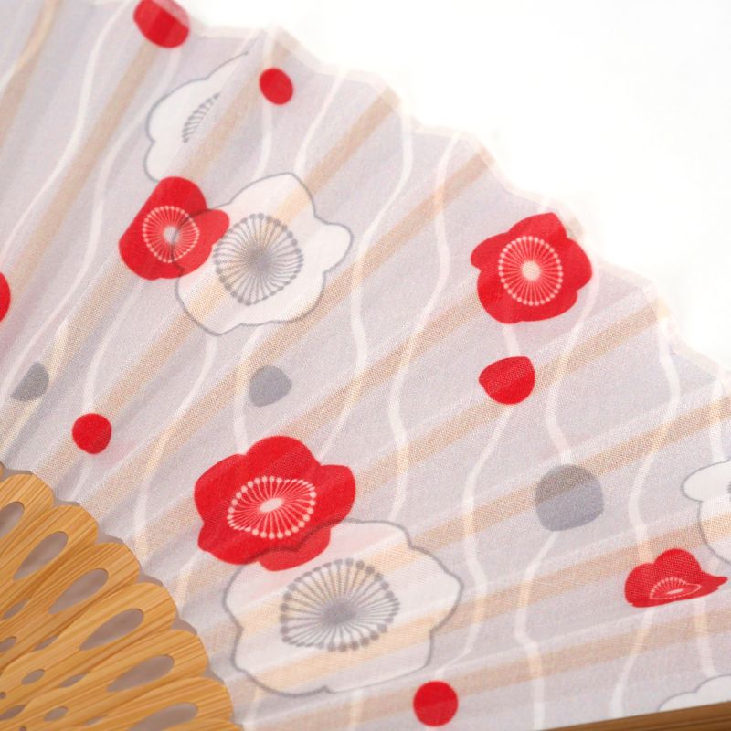 Japanischer blauer Fächer aus Polyester, Baumwolle und Bambus mit Pflaumenblütenmuster - UME - 20.5cm