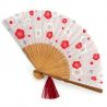 Japanese blue fan in polyester cotton and bamboo with plum blossom pattern - UME - 20.5cm