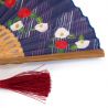 Abanico japonés azul de poliéster algodón y bambú con estampado de camelia - TSUBAKI - 20,5cm