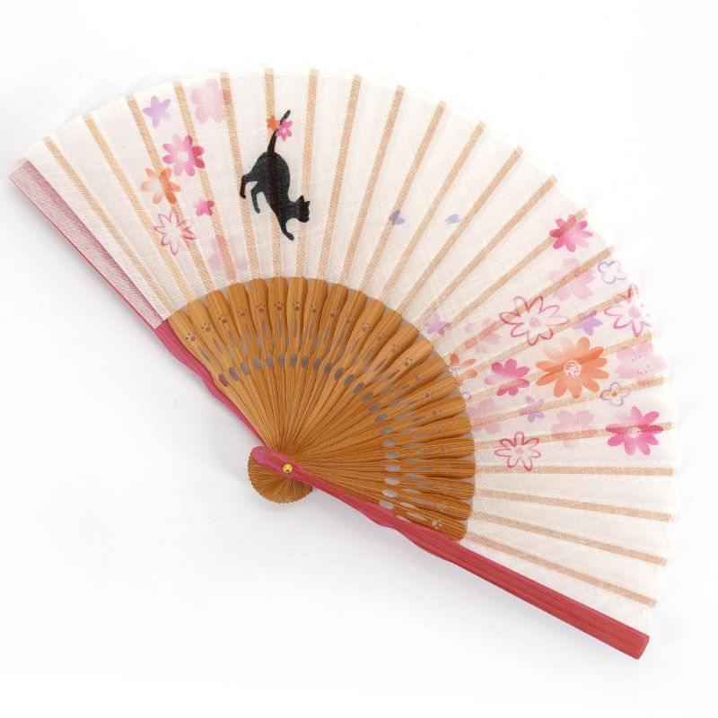 Ventaglio giapponese nero e beige in cotone e bambù con motivo gatto e fiori - NEKO TO HANA - 20,5 cm