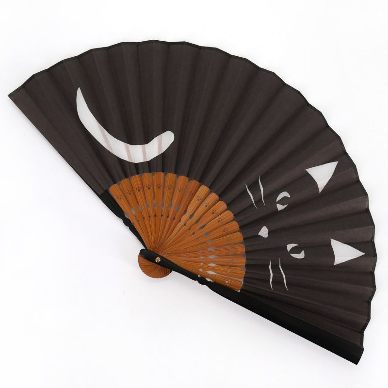 Japanese black polyester and bamboo fan with cat motif - NEKO ME - 20.5cm