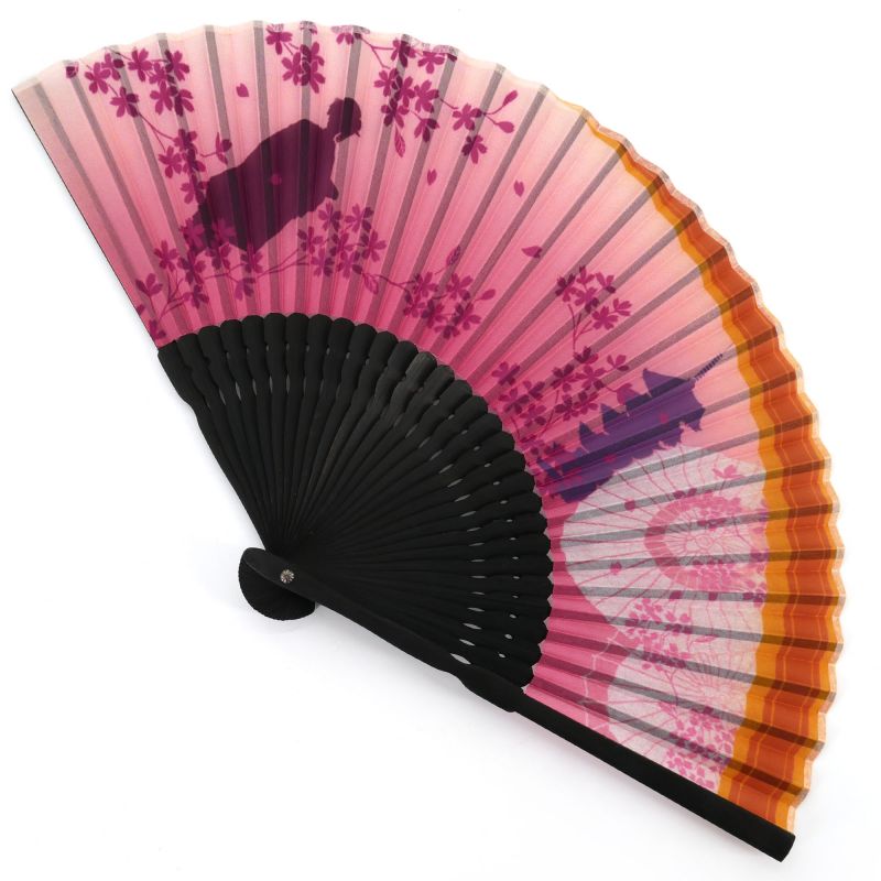 Ventaglio giapponese in poliestere rosa e bambù con motivo geisha e fiori di ciliegio - TERA MAIKO - 21cm