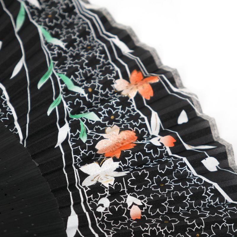 Japanischer schwarzer Fächer aus Plastikseide und Bambus mit Kirschblütenmuster - SAKURA - 19,5cm