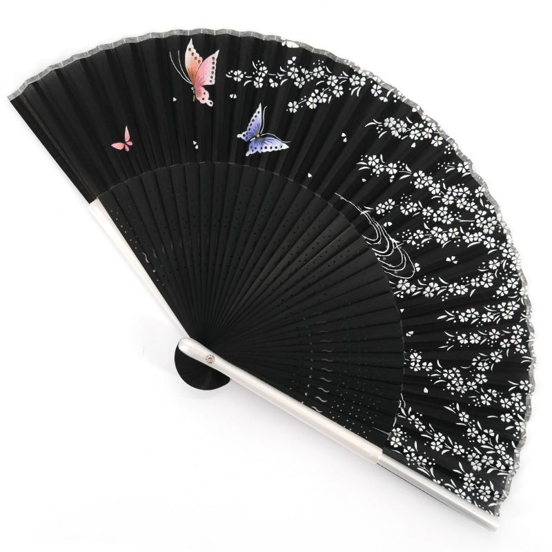 Abanico japonés negro de seda plástica y bambú con estampado de flores de cerezo y mariposas - SAKURA CHO - 19.5cm