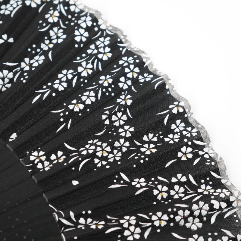 Éventail japonais noir en soie plastique et bambou motif fleurs de cerisier et papillons - SAKURA CHO - 19.5cm