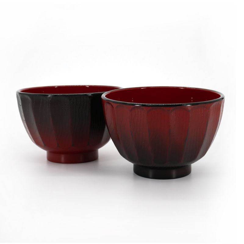 Duo de bol japonais noir et rouge en résine imitation bois - KIKUBORI BOKASHI - 10.9cm