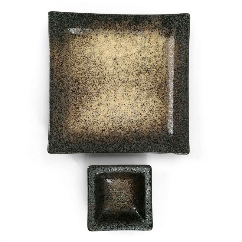 Square ceramic plate with sauce container for tempura - HEIHO