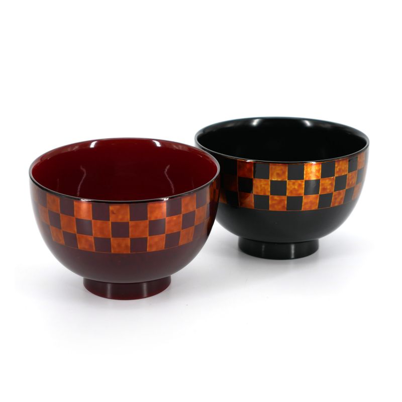 Duo de bol japonais noir et rouge en résine motif damier - ICHIMATSU - 11x7.2cm