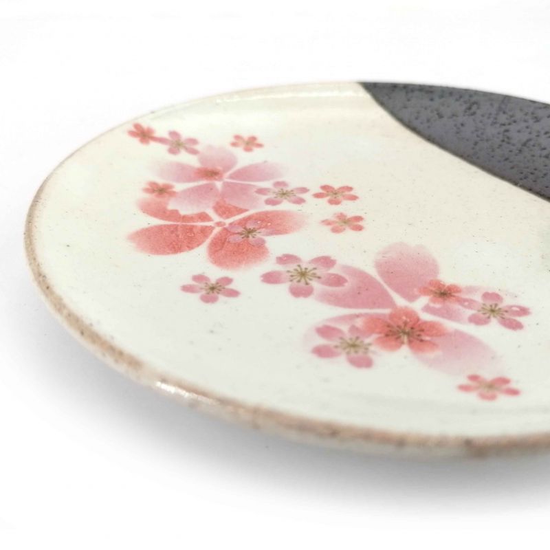 Small Japanese plate in raw ceramic and pink sakura flowers - SAKURA