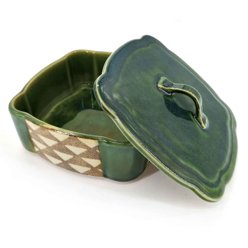 Keramikplatte mit Deckel, grün und braun - FUKUSU NO PATAN