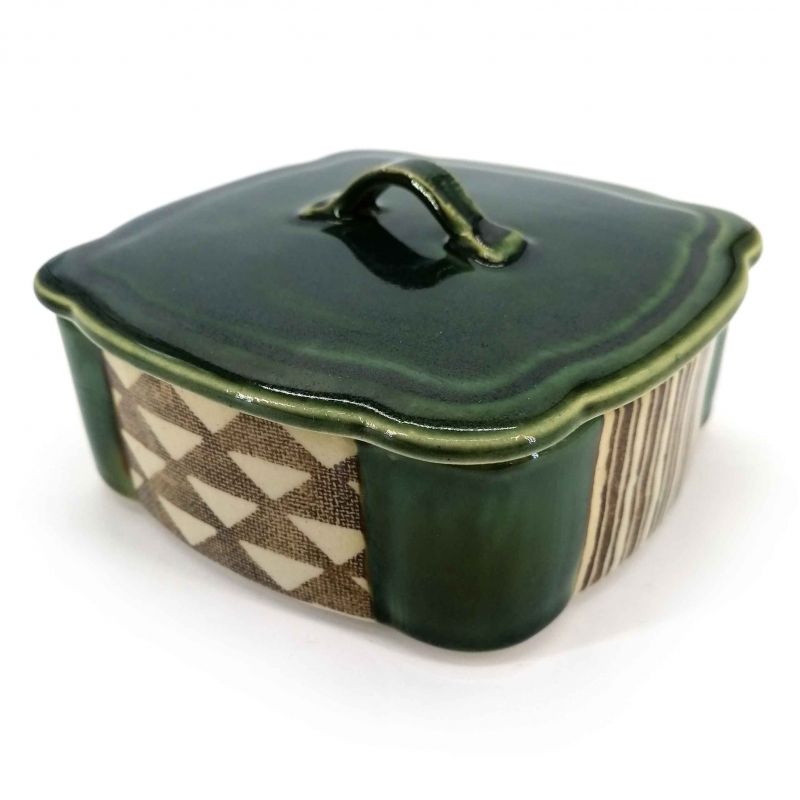 Keramikplatte mit Deckel, grün und braun - FUKUSU NO PATAN