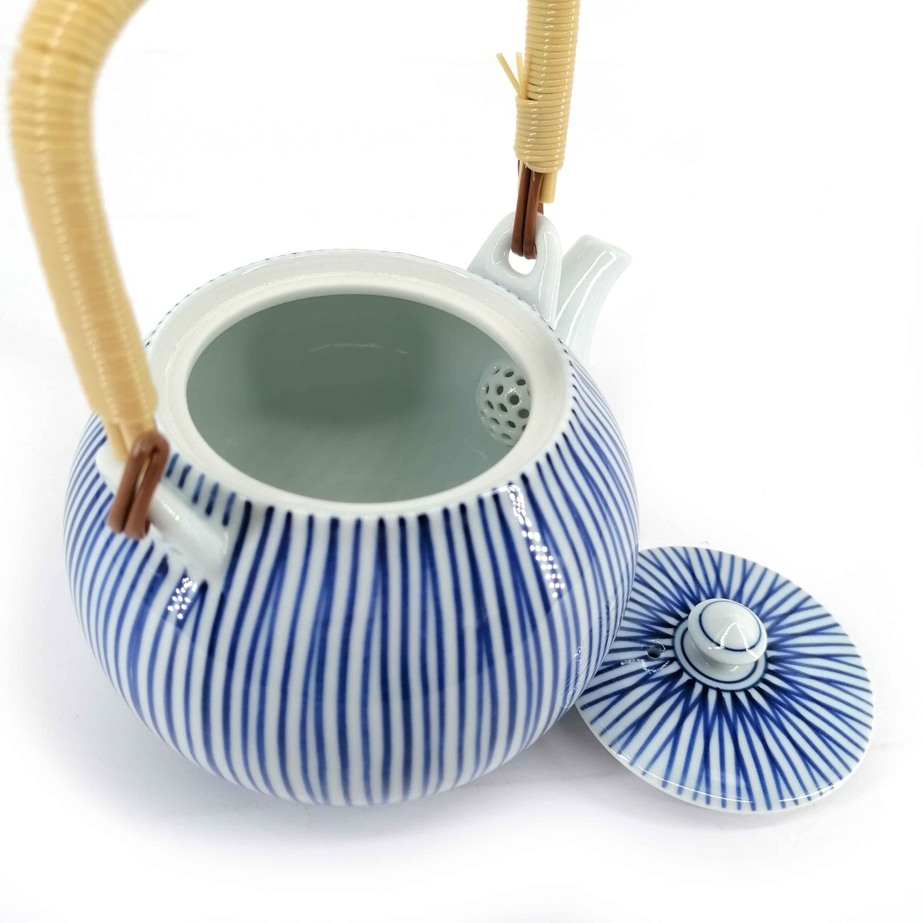 Théière japonaise en céramique avec anse, blanc, rayures bleues