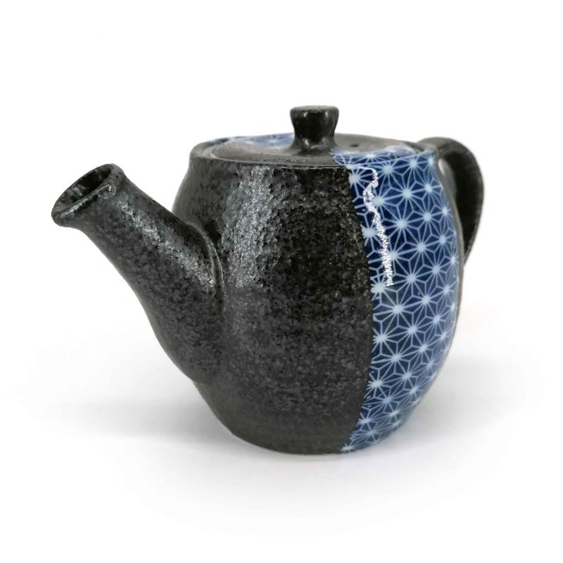 Teiera in ceramica giapponese con filtro rimovibile, nera con motivi blu e bianchi - ASANOHA