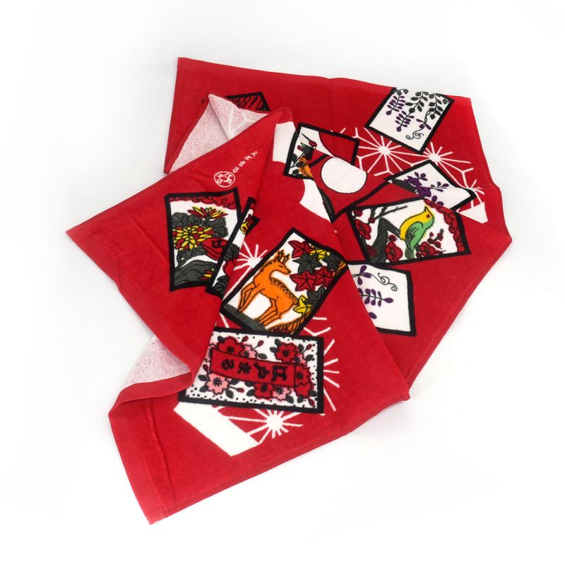 Serviette de bain rouge en coton japonais - HANAFUDA - le jeu des fleurs - 50 x 100 cm