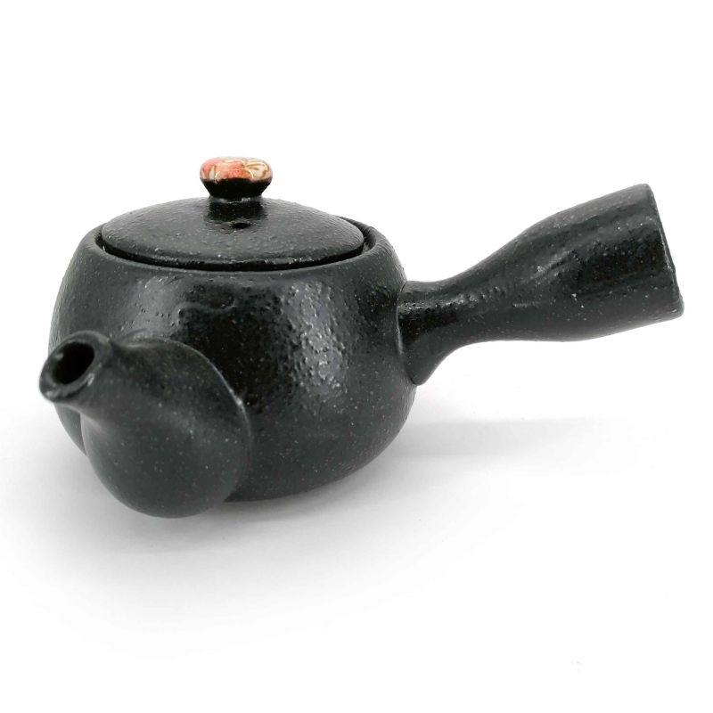 Teiera giapponese in ceramica kyusu con filtro e interno smaltato, cerchio floreale nero - HANA NO WA