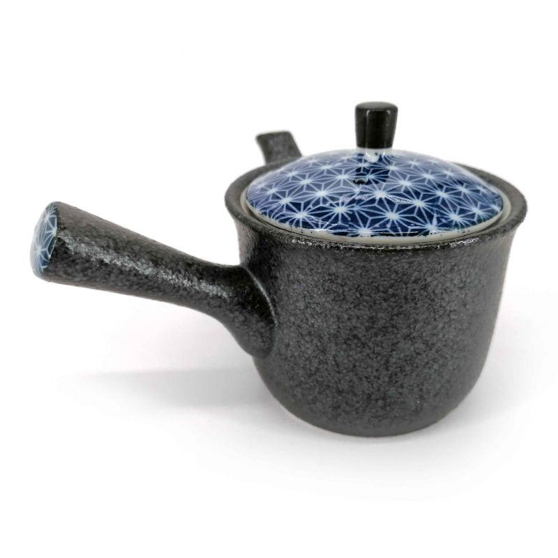 Teiera giapponese in ceramica kyusu con filtro rimovibile, nero, coperchio decorato - ASANOHA