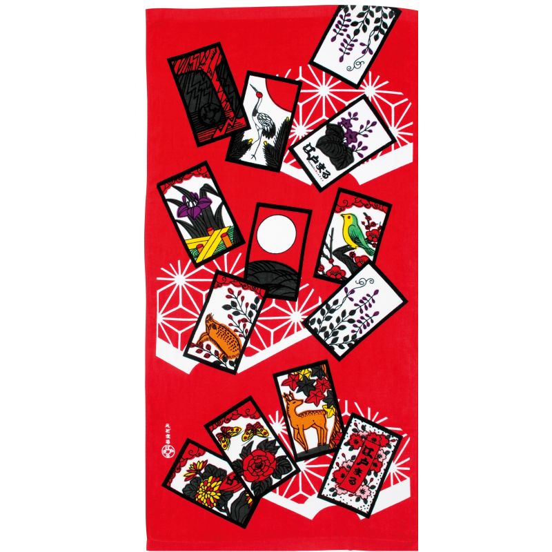 Grande Serviette de bain rouge en coton japonais - HANAFUDA - le jeu des fleurs - 90 x 140 cm