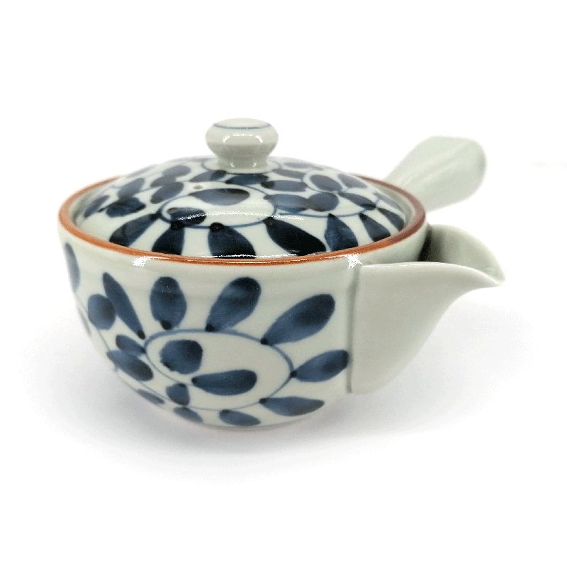 Japanische Kyusu-Keramik-Teekanne mit abnehmbarem Filter und emailliertem Interieur, weiß und blau - KARAKUSA