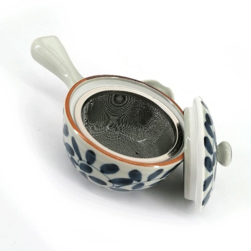 Teiera giapponese in ceramica kyusu con filtro rimovibile e interno smaltato, bianco e blu - KARAKUSA