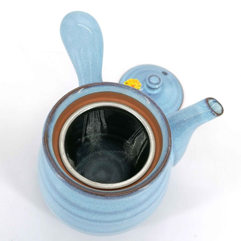Japanese kyusu ceramic teapot with removable filter and enamelled interior, light blue - RAITOBURU