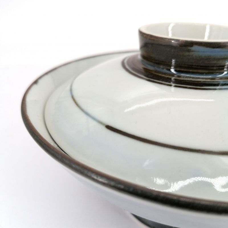 Japanese bowl with lid, white - blue and brown lines