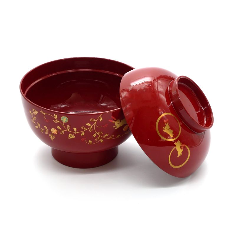 Bol avec couvercle japonais rouge en résine motif lapins et arabesques - USAGI KARAKUSA - 13.5x11cm