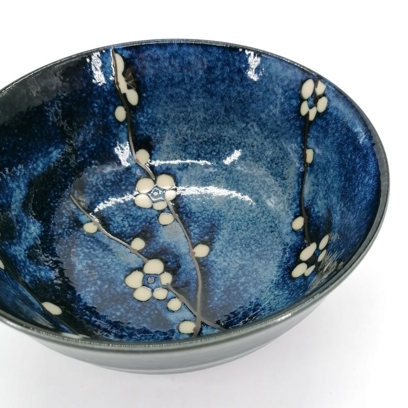 Cuenco japonés pequeño de cerámica azul con estampado de flores - SOSHUN HANA BLUE - 17 cm