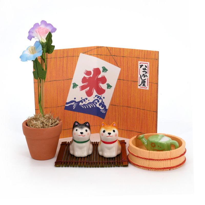 Escena de dos perros japoneses en la ceremonia del té de cerámica - GYOSUI - 3 cm
