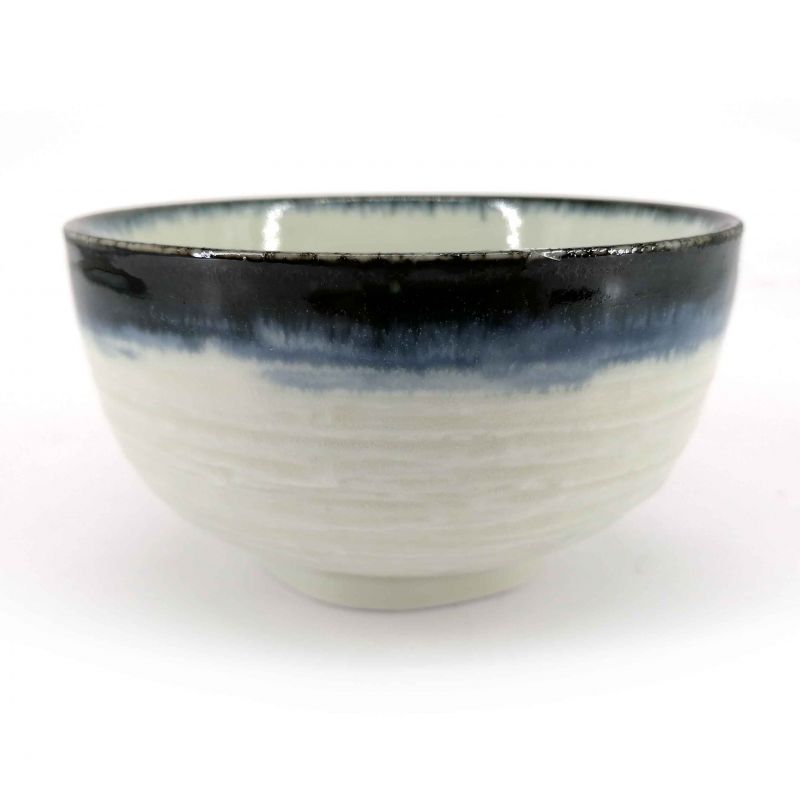 Bol donburi japonais en céramique blanc bordure bleue - KYOKAI - 12.5cm