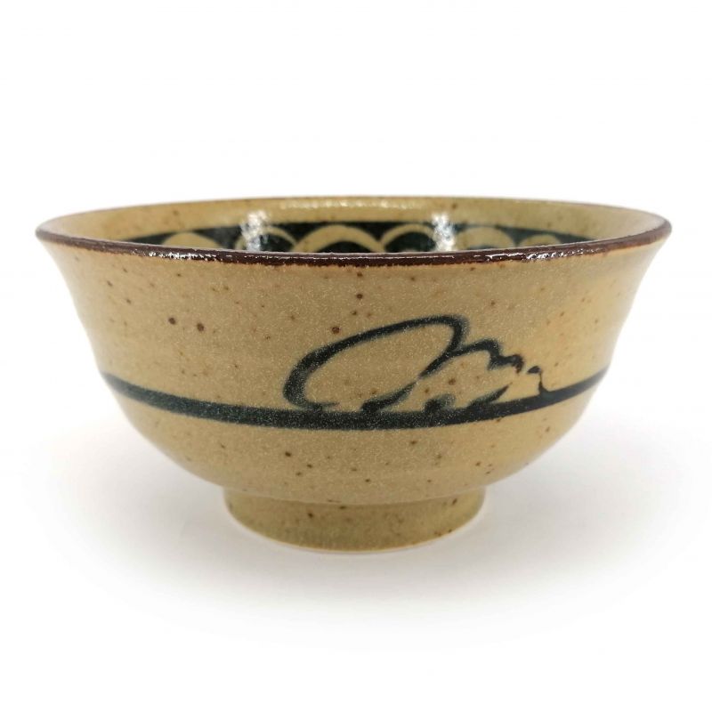 Bol japonais donburi en céramique beige et marron motif vagues noires - KURO SEIGAIHA - 17cm