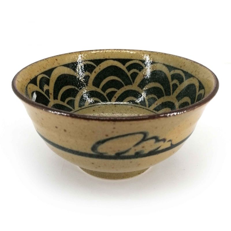 Cuenco donburi japonés de cerámica, beige y marrón - KURO SEIGAIHA