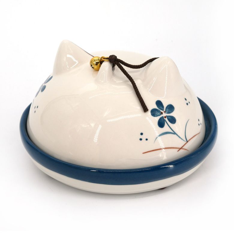 Japanese ceramic mosquito repellent support white and blue cat's head - NEKO - 10 cm
