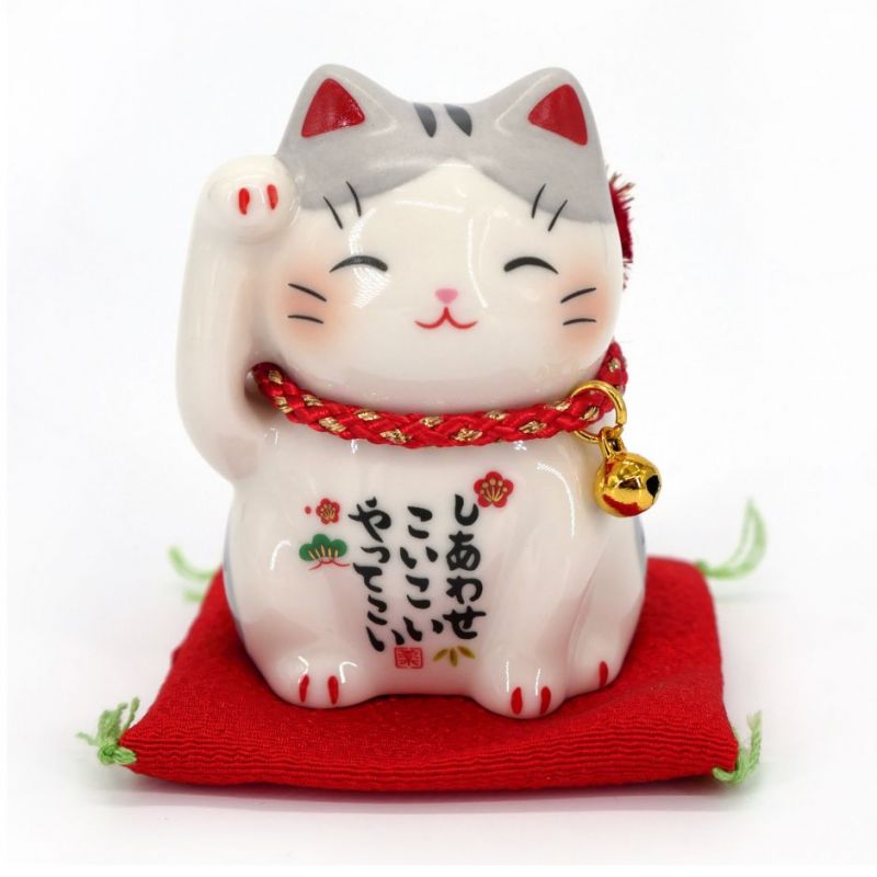 Chat porte-bonheur japonais manekineko blanc et gris en céramique, HAITORA, 6 cm