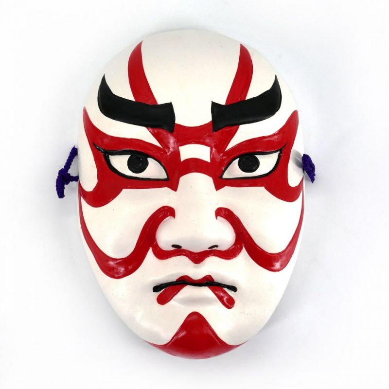 Maschera Noh rappresentante il trucco tradizionale in ceramica bianca e rossa, KUMADORI, 18 cm