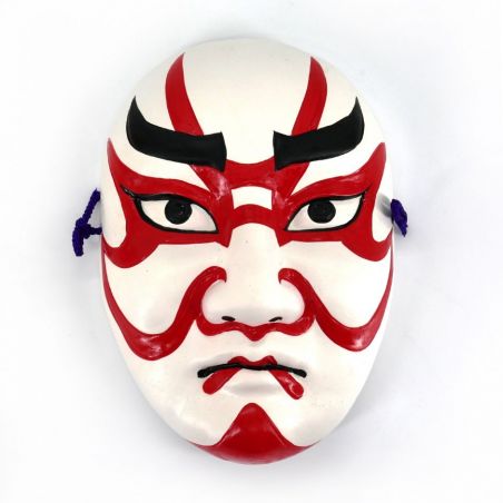 Masque nô représentant un maquillage traditionnel blanc et rouge en céramique, KUMADORI, 18 cm