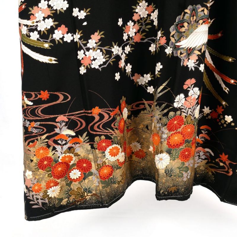 Kimono japonais vintage noir, motifs fleurs et phénix, FENIKKUSU