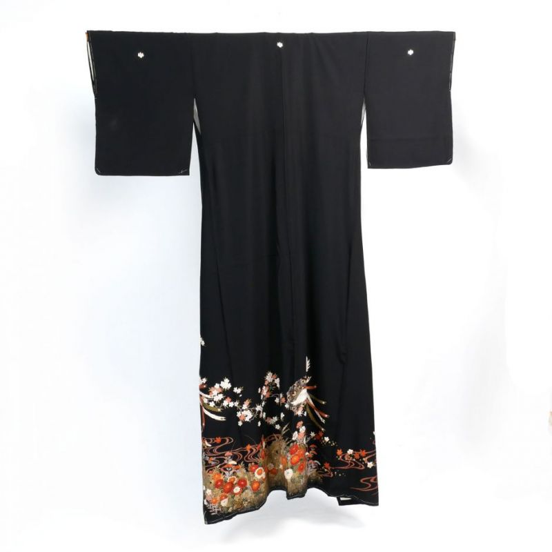 Kimono giapponese nero vintage con fiori e fenici, FENIKKUSU