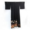 Vintage black japanese kimono, flowers and phoenix design, FENIKKUSU