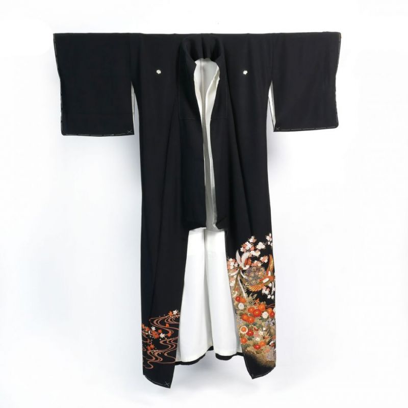 Kimono giapponese nero vintage con fiori e fenici, FENIKKUSU