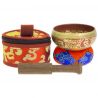 Tibetan bowl with red symbols and its handcrafted storage pouch, 7.5 cm