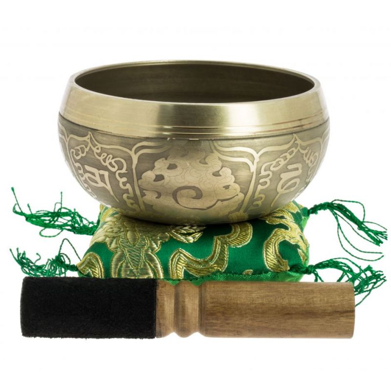 Small Tibetan singing bowl with engravings and its handcrafted storage pouch, 11 cm
