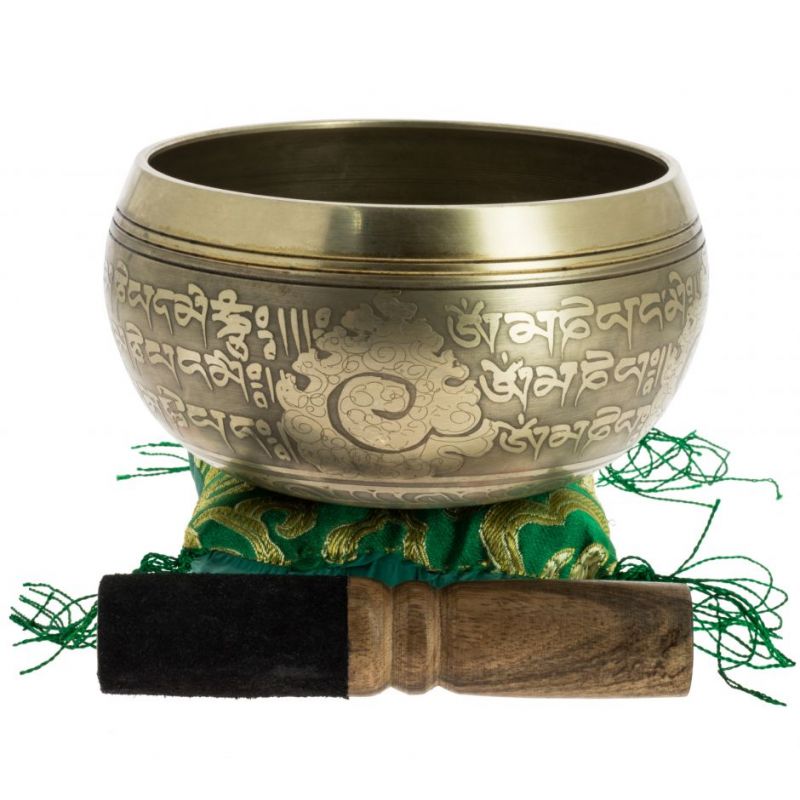 Tibetanische Schale mit Gravuren und handgefertigtem Aufbewahrungsbeutel, 12 cm