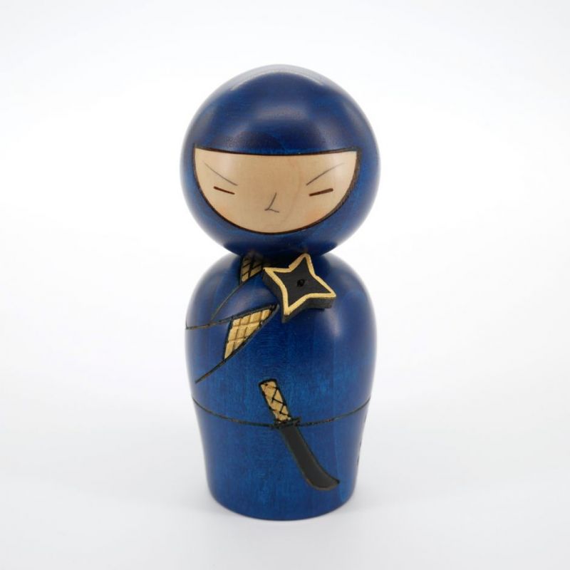 Poupée japonaise kokeshi ninja bleu, NINJA, 12cm